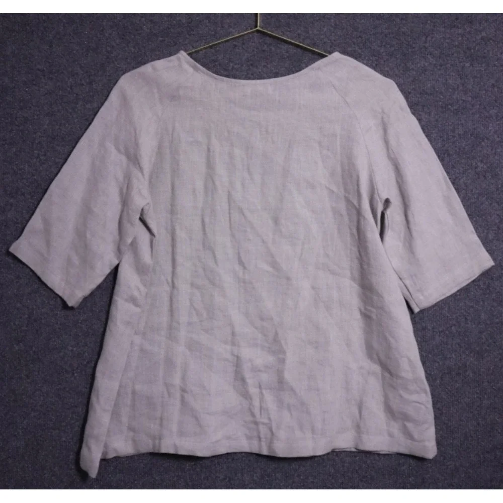 Magic Linen Shirt Women Medium Gray 3/4 Sleeve Round Neck Relaxed NEW NWT BOHO‎